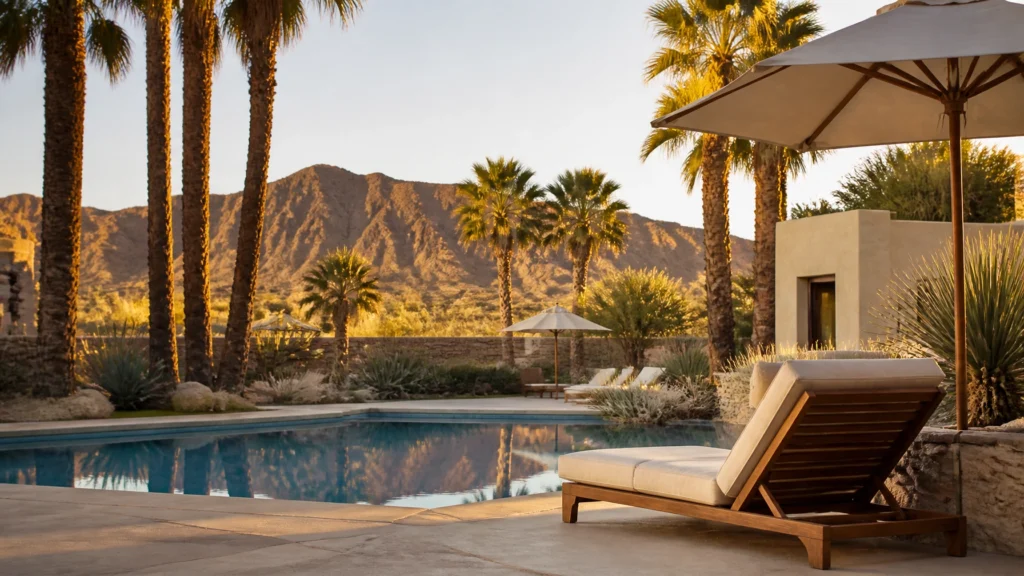 lounge chair by the pool with palm trees and mountains in the distance