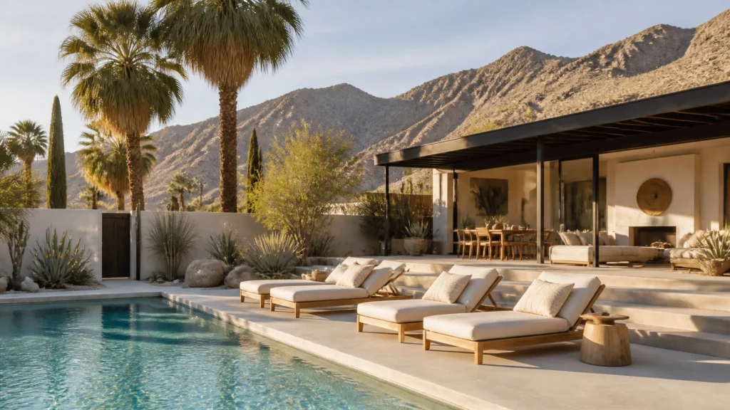 desert oasis with palm trees and mountains and a pool